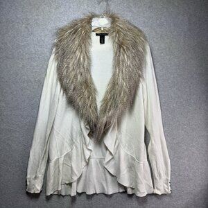 WHBM White House Black Market Large Faux Fur Collar Knit Cardigan Sweater Cream